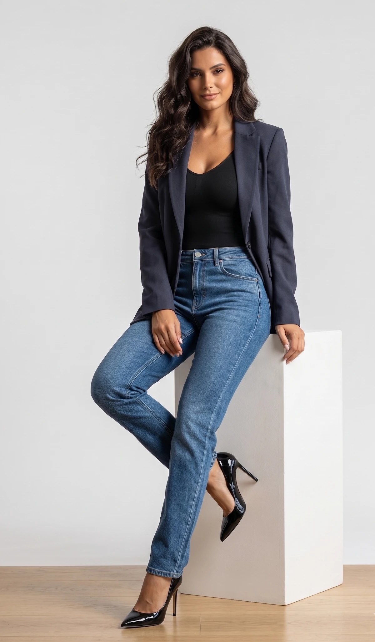 Model wearing CALIFLO's Classic Body Shaper Bodysuit Model wearing CALIFLO's Classic Body Shaper in Black, blue jeans and a blazer.