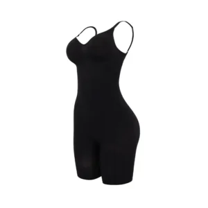 Illustration cutout of a black mid-thigh bodysuit over a white background