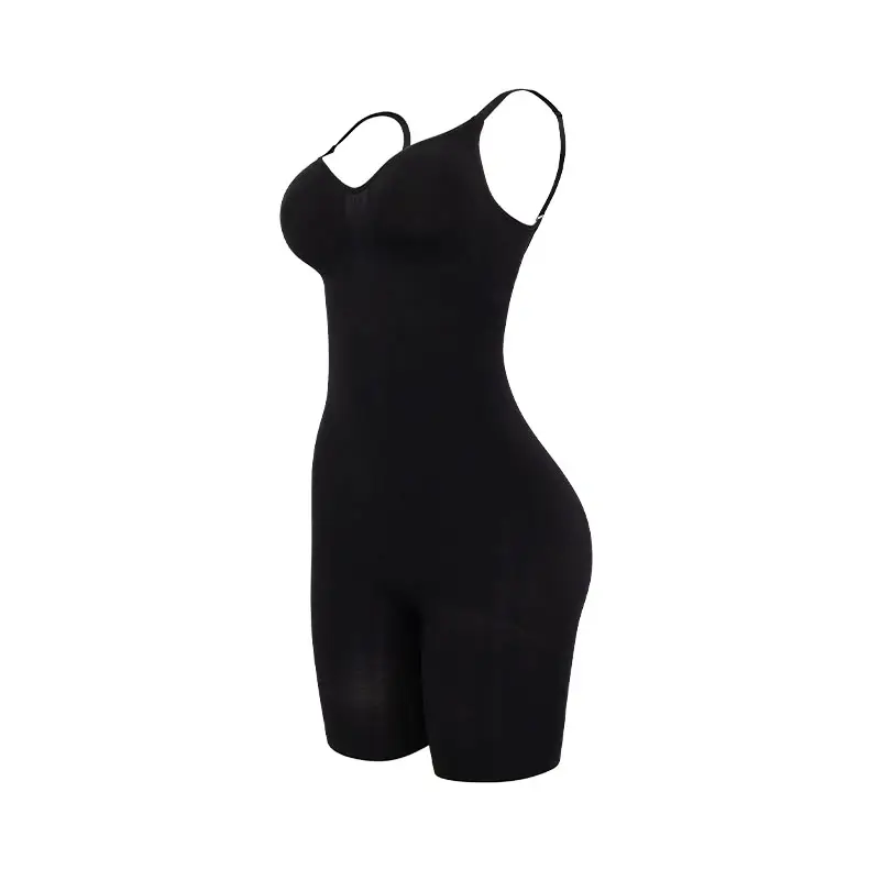 Illustration cutout of a black mid-thigh bodysuit over a white background