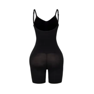 Illustration cutout of a black mid-thigh bodysuit over a white background