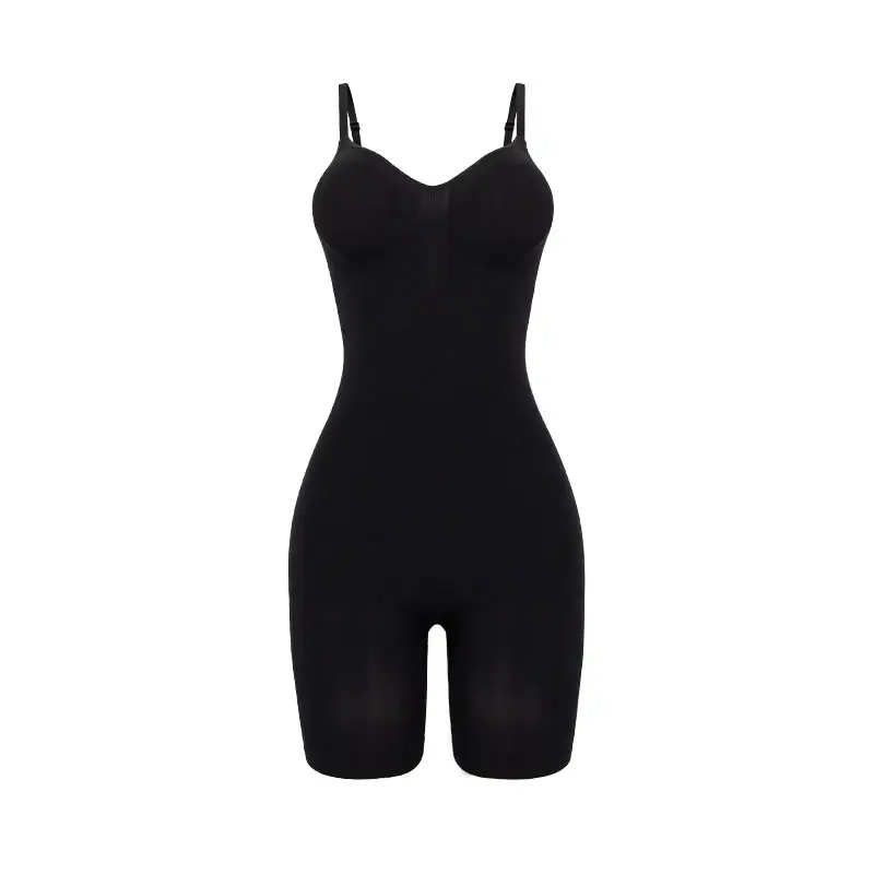 Illustration cutout of a black mid-thigh bodysuit over a white background