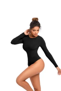 CALIFLO Casual Chic Long Sleeve Crew Neck Bodysuit black frontal fun pose Thunder Soft – Long Sleeve Scoop Neck Thong Bodysuit - Black - Black - Front View