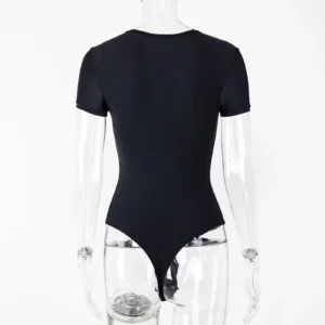 CALIFLO Casual Chic T-shirt Crew Neck Bodysuit black manequin back side Transparent acrylic mannequin wearing a black t-shirt bodysuit shown from the back, over a white background.