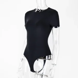 CALIFLO Casual Chic T-shirt Crew Neck Bodysuit black mannequin left side Transparent acrylic mannequin wearing a black t-shirt bodysuit over a white background.