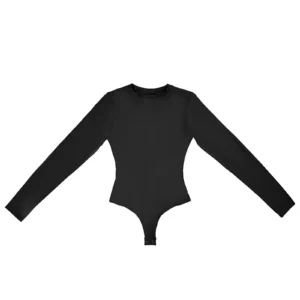 CALIFLO High compression activewear long sleeve crew neck bodysuit black front flat Snatched Active – Long Sleeve Crew Neck Performance Thong Bodysuit - Black - Front View
