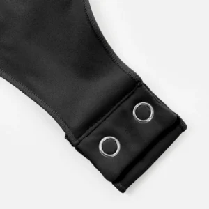 CALIFLO High compression activewear long sleeve crew neck bodysuit black snap close up 2 Snatched Active – Long Sleeve Crew Neck Performance Thong Bodysuit - Black - Product View