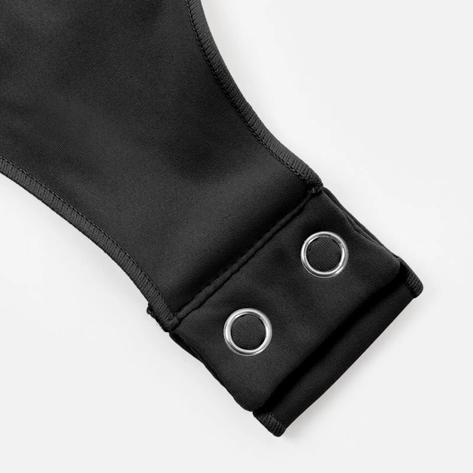 CALIFLO High compression activewear long sleeve crew neck bodysuit black snap close up 2 Snatched Active – Long Sleeve Crew Neck Performance Thong Bodysuit - Black - Product View