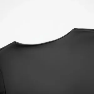CALIFLO High compression activewear long sleeve low cut bodysuit black back neck close up Close-up of back of neck of black long sleeve low cut bodysuit over a white background