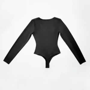 CALIFLO High compression activewear long sleeve low cut bodysuit black back side flat A black long sleeve low cut bodysuit lying with front faced down over a white background