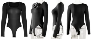 CALIFLO High compression activewear long sleeve low cut bodysuit black mannequin all angles Four torso mannequins wearing a black long sleeve low cut bodysuit in different positions