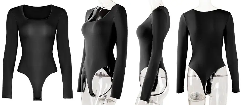 CALIFLO High compression activewear long sleeve low cut bodysuit black mannequin all angles Four torso mannequins wearing a black long sleeve low cut bodysuit in different positions
