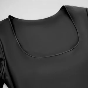 CALIFLO High compression activewear long sleeve low cut bodysuit black neck close up