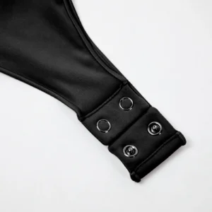 CALIFLO Activewear High-Compression Long Sleeve Low Cut Bodysuit black Close-up open black snap-on thong