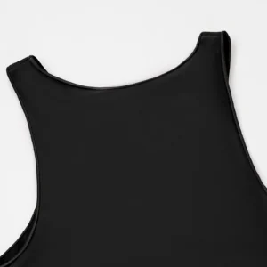 CALIFLO High compression activewear sleeveless high neck bodysuit black back neck close up Snatched Active – High Compression Sleeveless Crew Neck Thong Bodysuit - Black - Back View