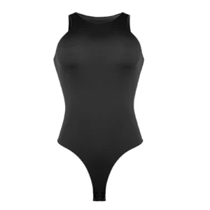 CALIFLO High compression activewear sleeveless high neck bodysuit black front illustration Snatched Active – High Compression Sleeveless Crew Neck Thong Bodysuit - Black - Front View