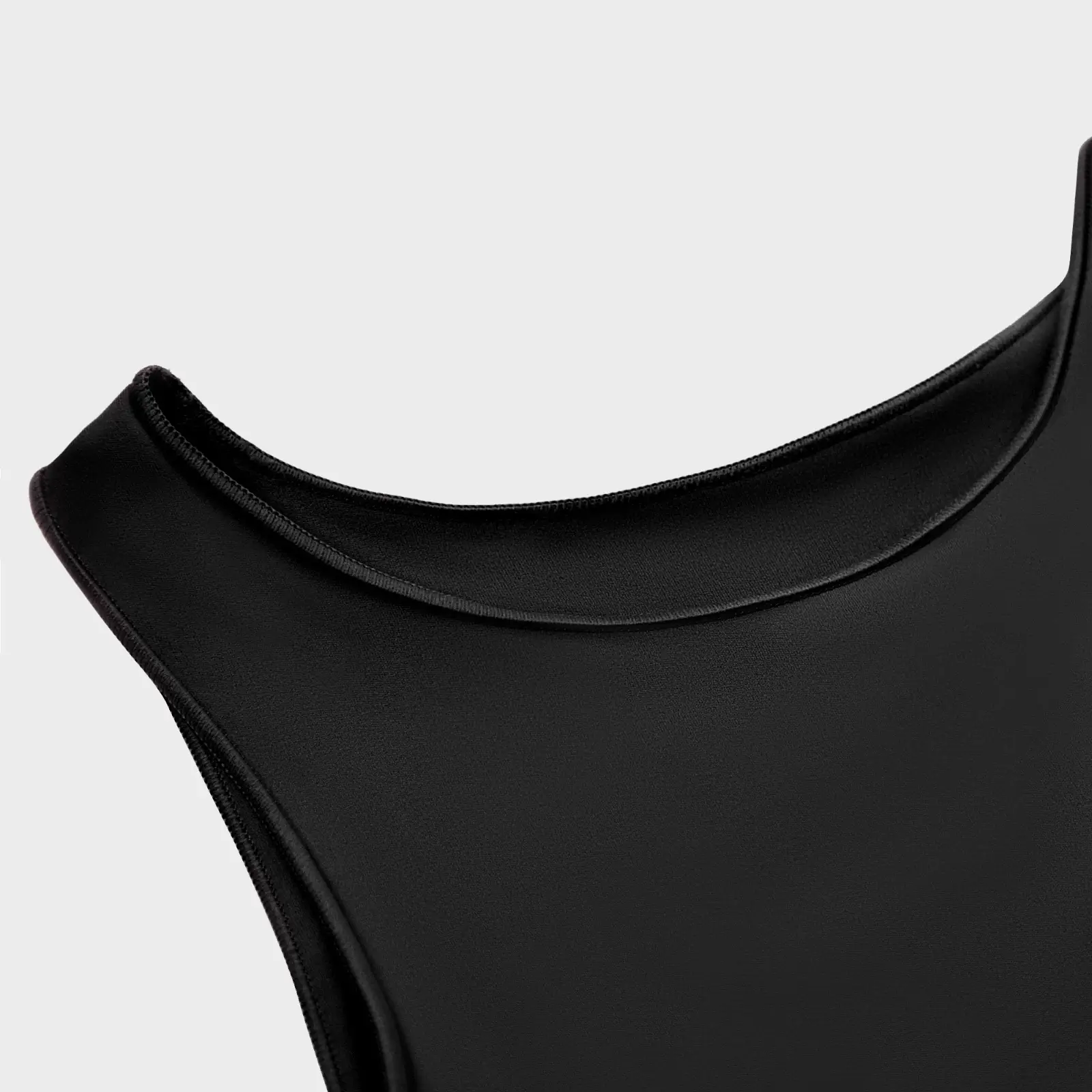 CALIFLO High compression activewear sleeveless high neck bodysuit black neck close up Snatched Active – High Compression Sleeveless Crew Neck Thong Bodysuit - Black - Product View