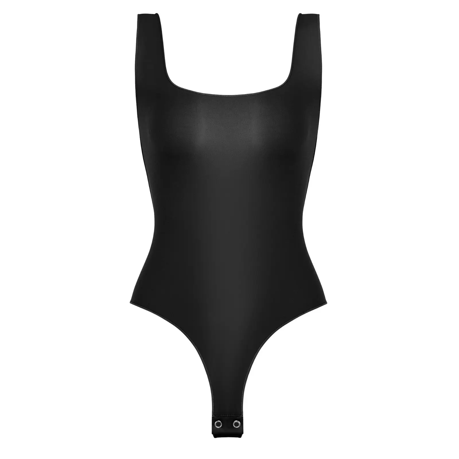 Illustration cutout of black sleeveless low cut bodysuit over a white background.