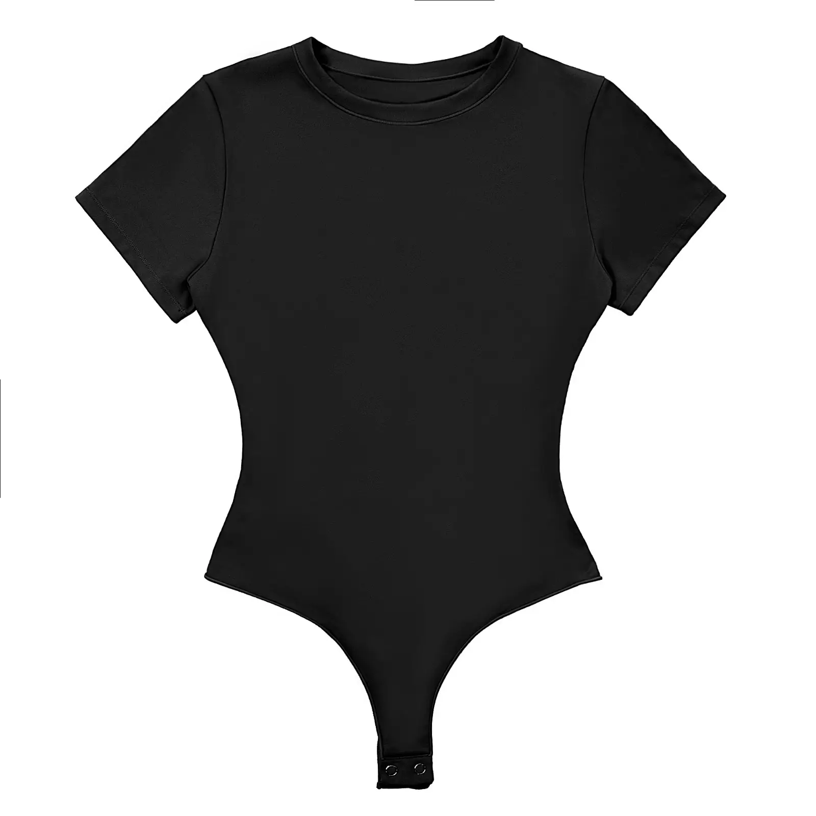 CALIFLO High compression activewear t-shirt bodysuit black front flat Black t-shirt bodysuit lying flat on a white background