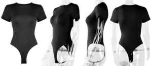 CALIFLO Activewear High-Compression T-shirt Bodysuit black Four torso acrylic mannequins wearing a black t-shirt bodysuit in different directions over a white background