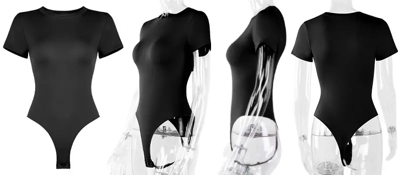 CALIFLO Activewear High-Compression T-shirt Bodysuit black Four torso acrylic mannequins wearing a black t-shirt bodysuit in different directions over a white background