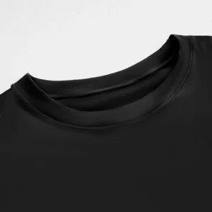 CALIFLO High compression activewear t-shirt bodysuit black neck close up Close-up of crew neck of a black t-shirt bodysuit over a white background