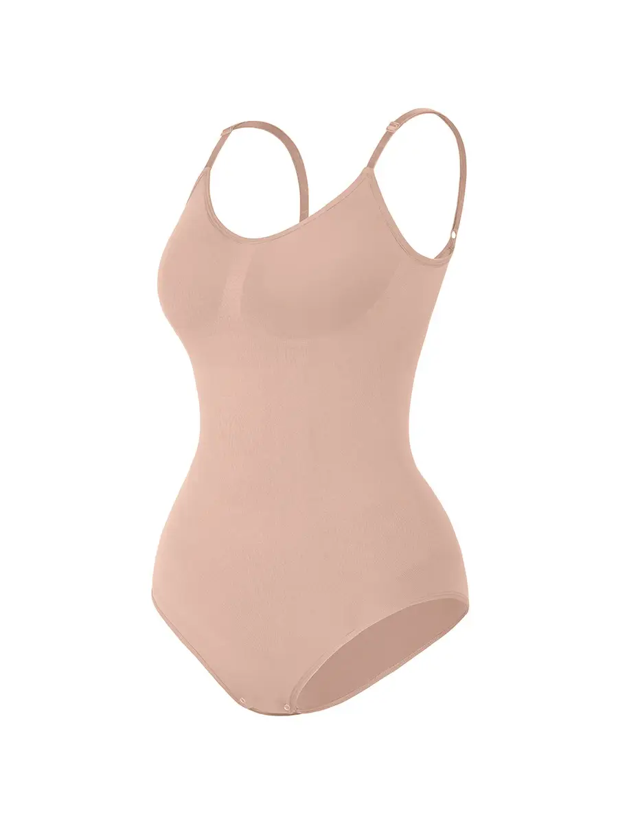 Illustration cutout of beige brief bodysuit at an angle over a white background