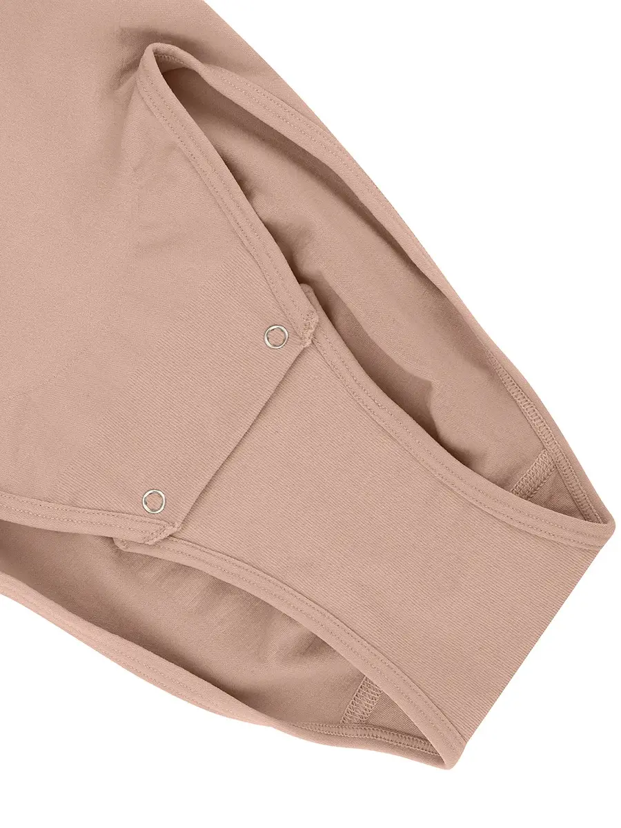 Close-up of brief bottom snap closure system of a brief bodysuit over a white background