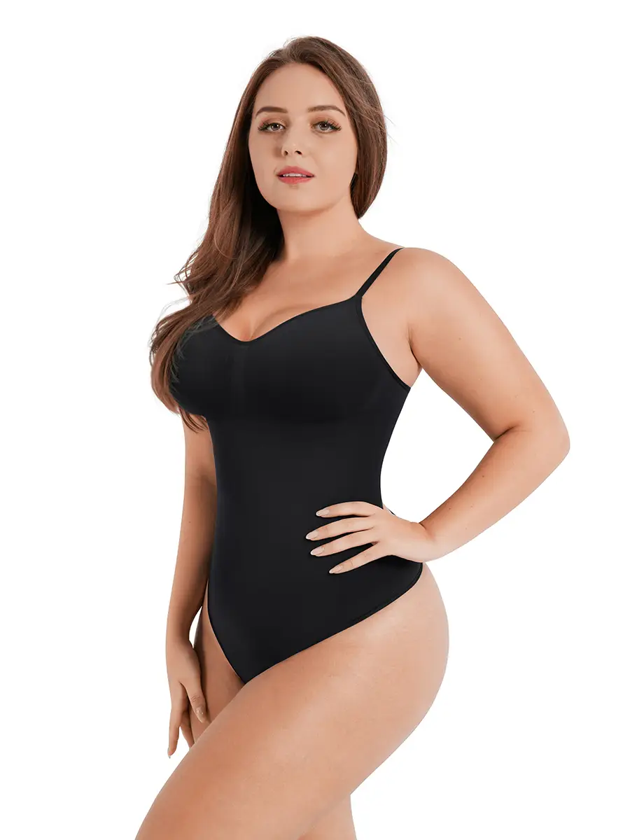 Model wearing califlo classic body shaper bodysuit in black