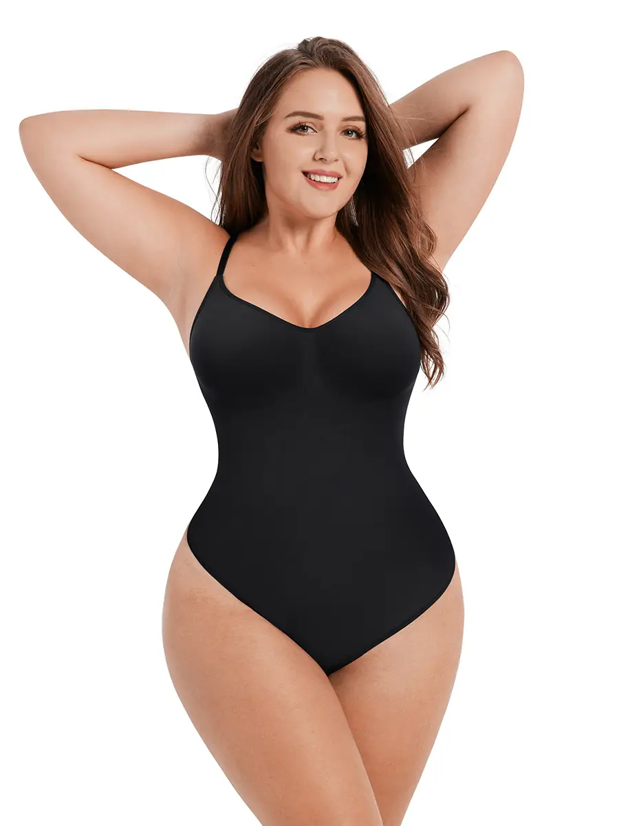 CALIFLO Seamless high compression bodysuit for women tummy control black hands behind head Woman wearing CALIFLO Classic Body Shaper bodysuit in nude color, showing smooth high-compression fit for sculpted curves