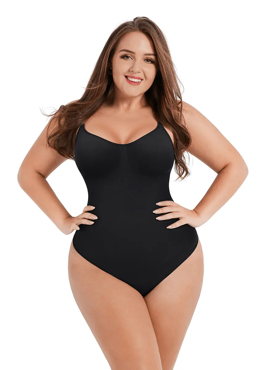 Model wearing a CALIFLO Classic Bodys Shaper Bodysuit Woman wearing a black bodysuit over white background