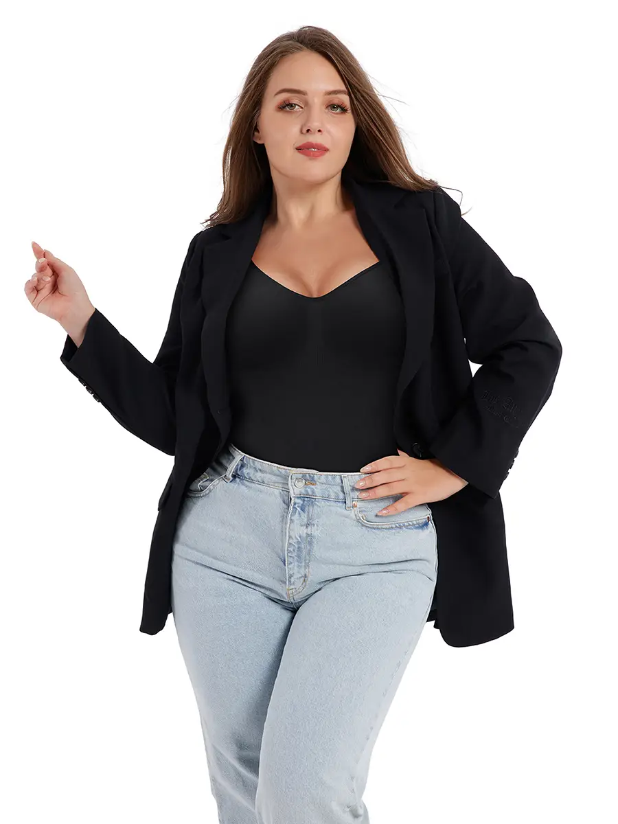 CALIFLO Seamless high compression bodysuit for women tummy control black with jeans and jacket front picture
