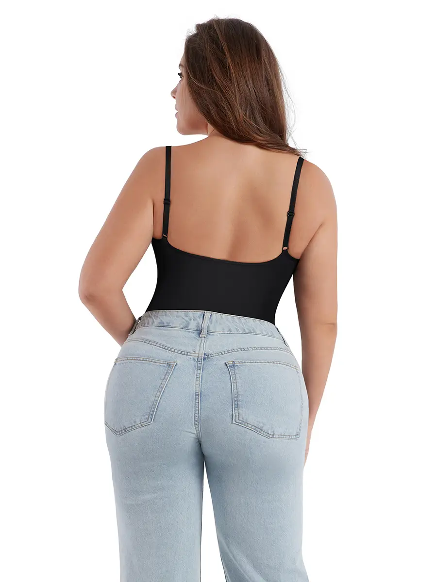CALIFLO Seamless high compression bodysuit for women tummy control black with jeans from behind