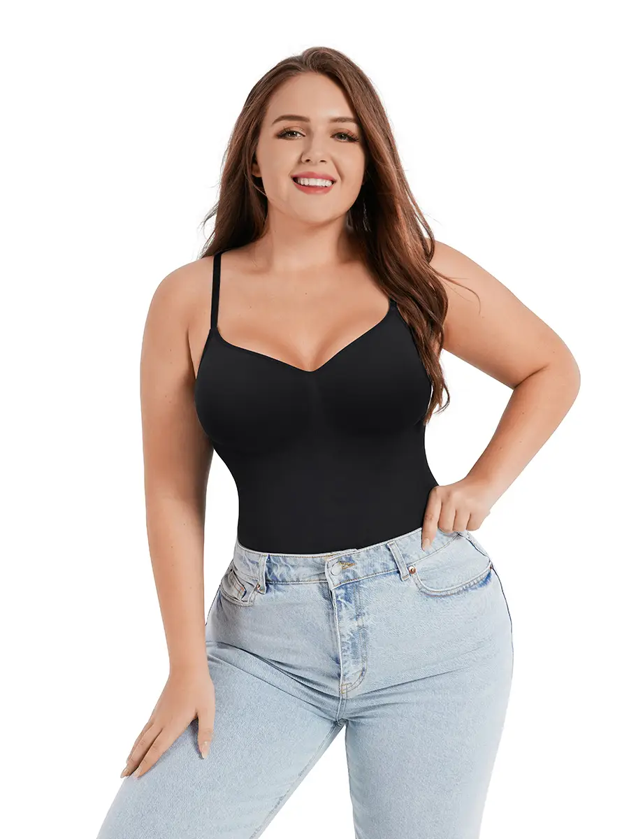 CALIFLO Seamless high compression bodysuit for women tummy control black with jeans front image Caucasian woman posing while wearing a seamless sculpting high-compression bodysuit with jeans over a white background