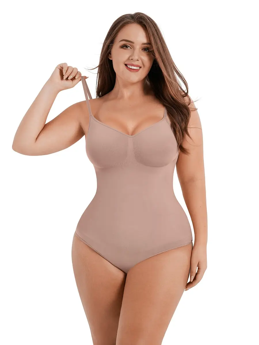 Classic Body Shaper – Seamless Thong Bodysuit - Beige - Beige - Front View
