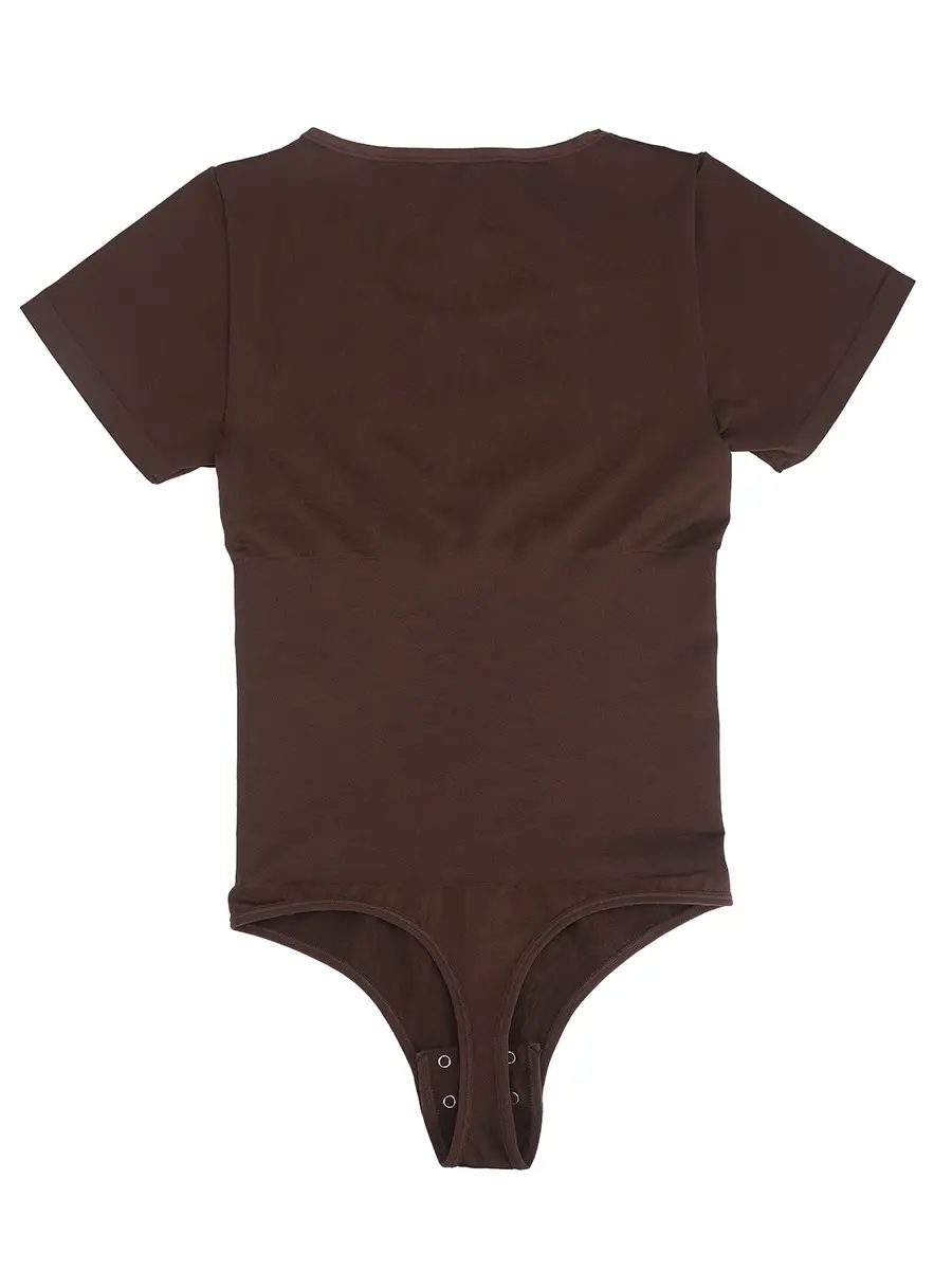 Brown t-shirt bodysuit lying flat on what background back side on