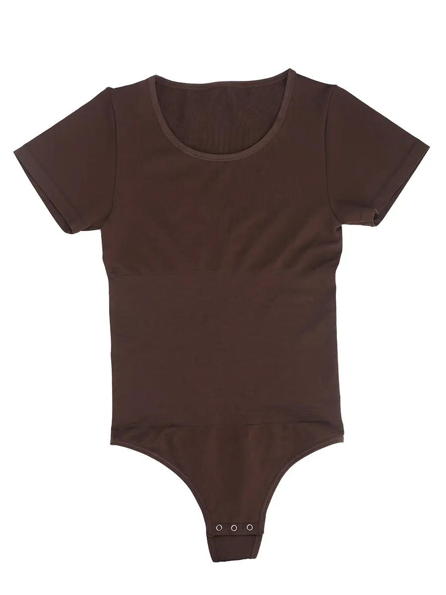 Brown t-shirt bodysuit lying falt on white surface front side on