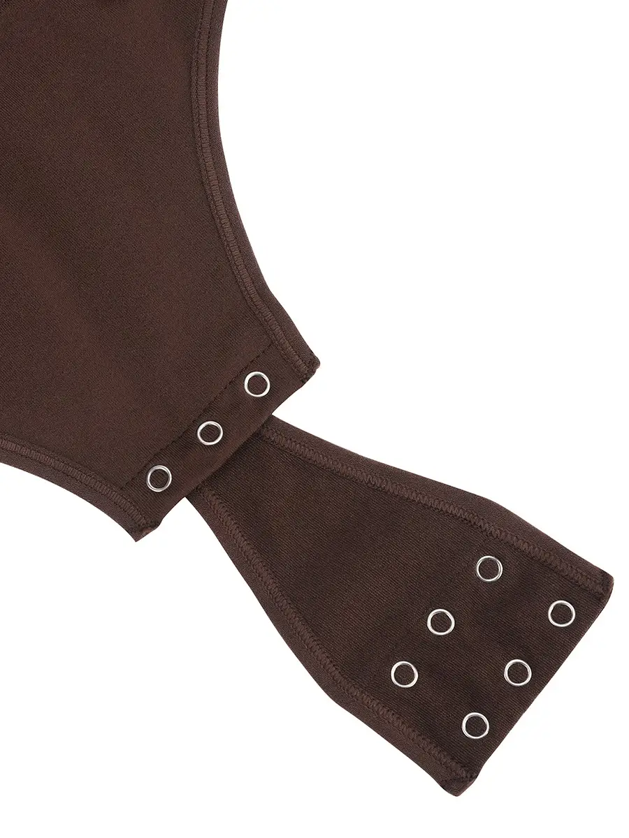 Close-up of brown open-snap system of bodysuit thong bottom