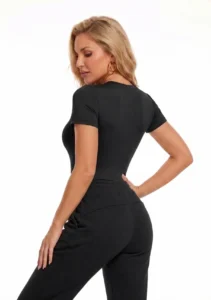 Model wearing a CALIFLO's Snatched Activewear Bodysuit Model wearing black califlo snatched activewear bodysuit