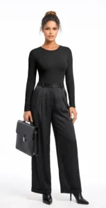 Model Wearing CALIFLO Thunder Soft Long Sleeve Thong Black Bodysuit with Black Pantsants Model_wearing_califlo_thunder_soft_long_sleeve_thong_black_bodysuit_black_pants