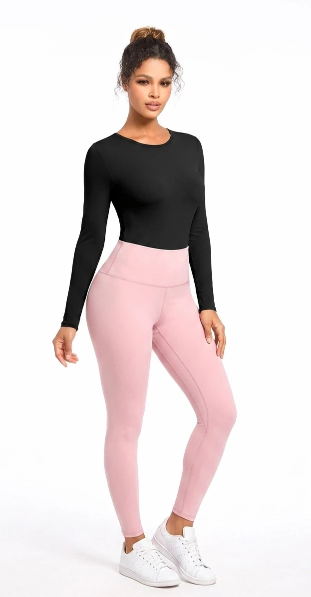 Model Wearing CALIFLO's Thunder Soft Long Sleeve Thong Black Bodysuit with Pink Leggings Model_wearing_califlo_thunder_soft_long_sleeve_thong_black_bodysuit