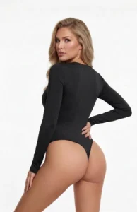 Woman_wearing_black_long_sleeve_crew_cut_snatched_bodysuit_backside