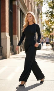 Woman_wearing_black_long_sleeve_crew_cut_snatched_bodysuit_black_pleated_dress_pants