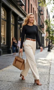 Woman_wearing_black_long_sleeve_crew_cut_snatched_bodysuit_cream_pleated_pants
