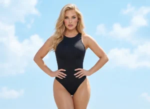 Woman_wearing_black_snatched_sleeveless_crew_cut_bodysuit_blue_sky_back