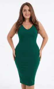 Caucasian woman wearing a green dress over a white background