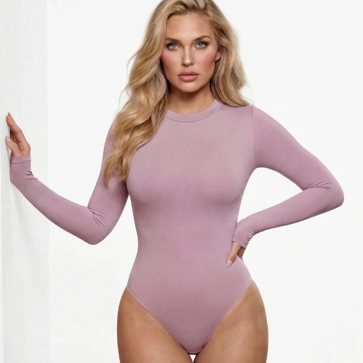 Woman wearing clay long sleeve bodysuit