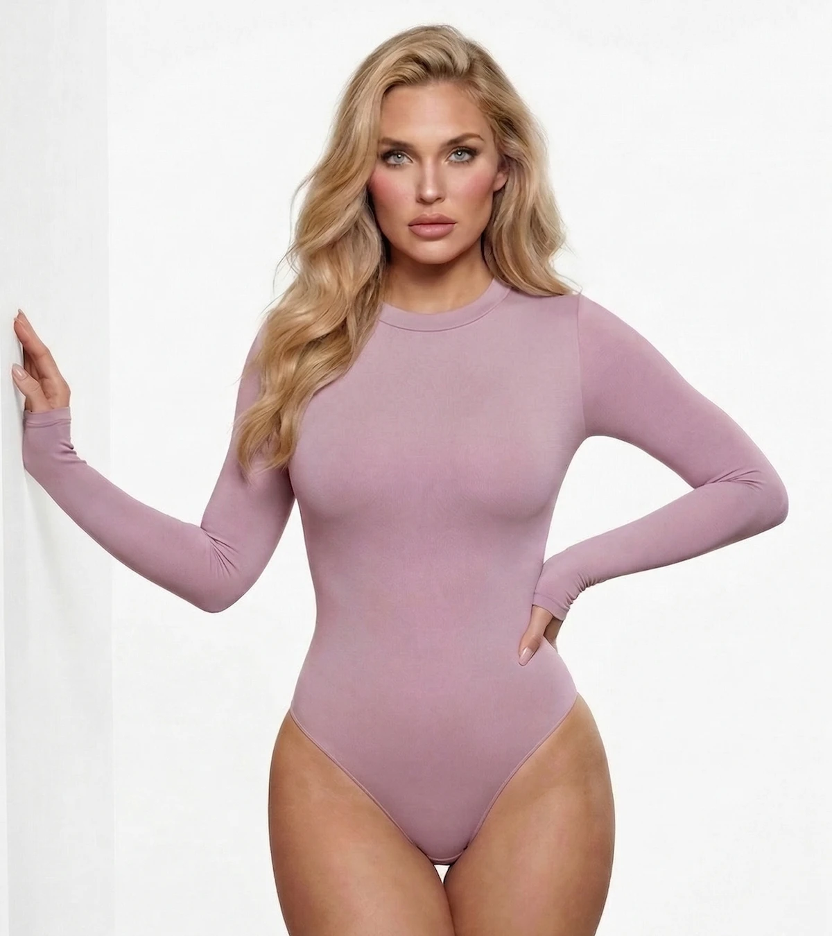 Woman wearing clay long sleeve bodysuit