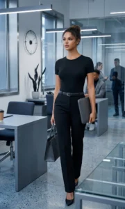 Woman_wearing_thunder_soft_black_t-shirt_bodysuit_black_pants_work_outfit Woman wearing thundersoft black t-shirt bodysuit