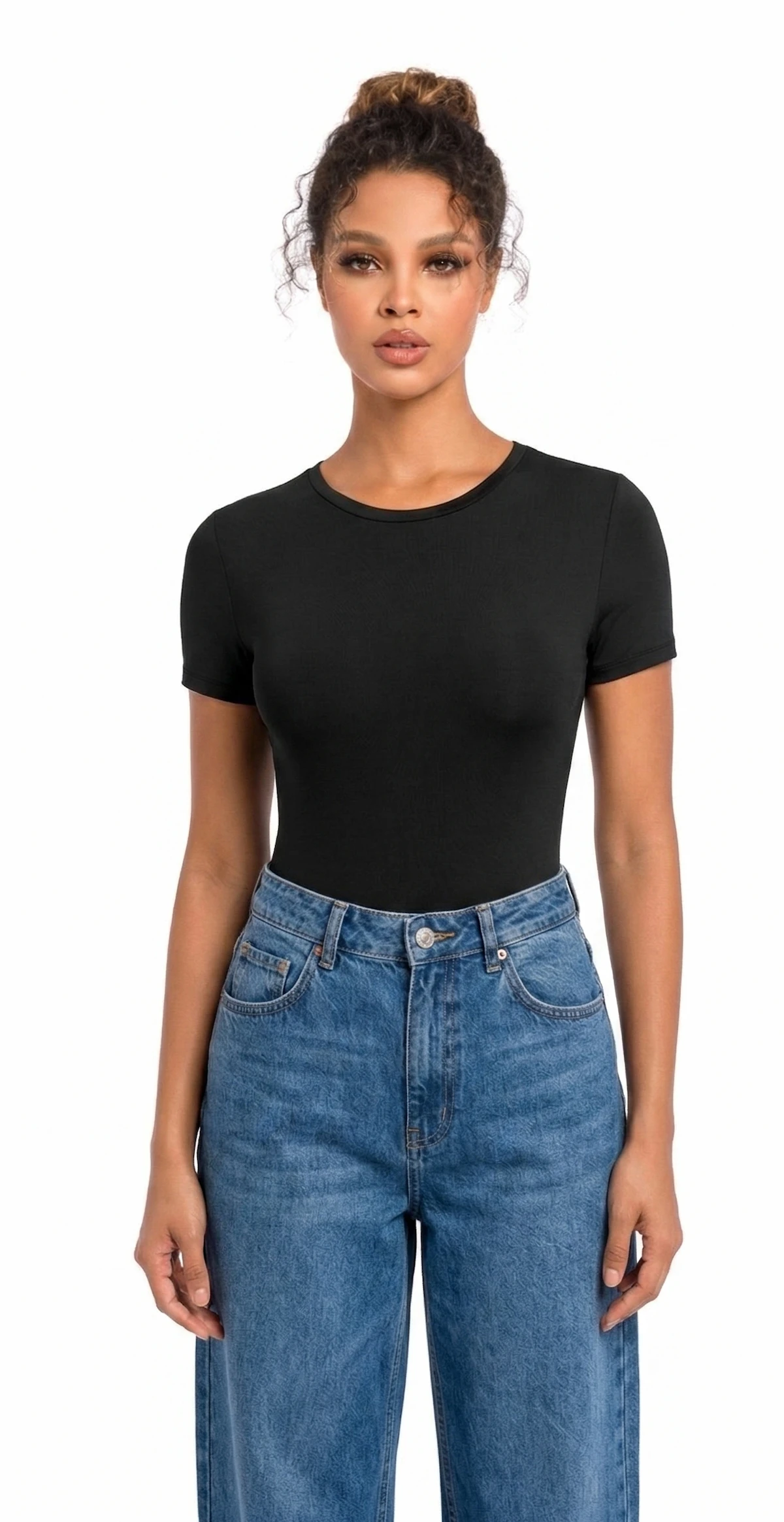 Woman_wearing_thunder_soft_black_t-shirt_bodysuit_blue_jeans