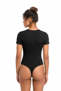 Woman_wearing_thunder_soft_black_t-shirt_bodysuit_posing_backside Woman wearing thundersoft black t-shirt bodysuit